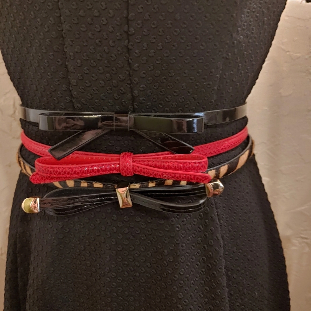 White House Black Market 3 Thin Textured Waist Belts Bows Black Red Animal Print - Picture 16 of 16